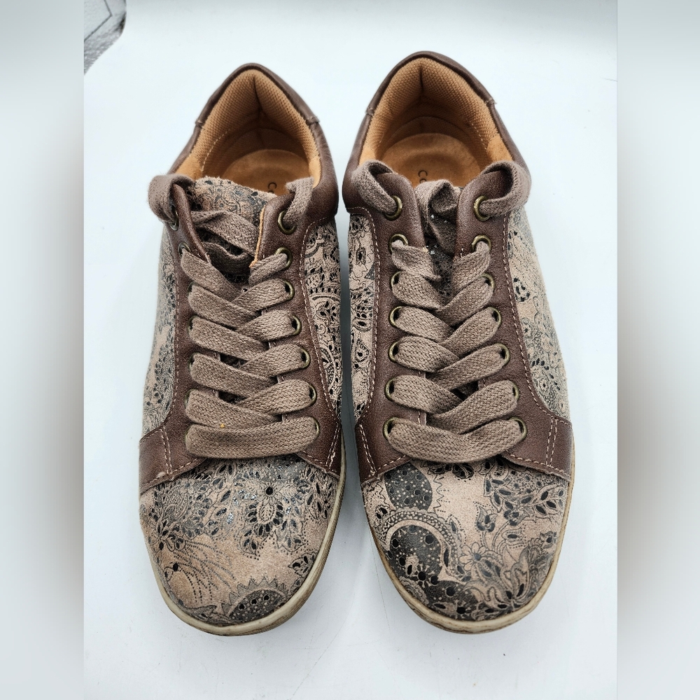 Comfortiva Brown & Beigh Leather Patterned Sneakers Sz 8M